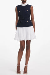 Navy Boucle And Chiffon Mini Dress