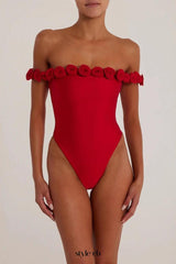 3d flower strapless bodysuit in red