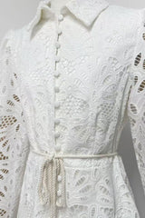 lapel hollow embroidery puff sleeve mini dress in white