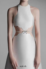 anila pearl chain embellished midi dress in apricot