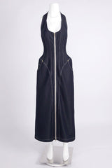 haltered corseted midi dress denim in navy blue