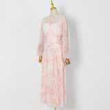 puff long sleeve tiered ruffle hem maxi dress in pink