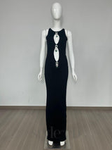 emerald embellished cutout sleeveless maxi dress in black