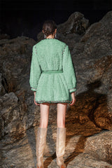 Beige V-Neck Long Sleeve Diamond Stud Coat