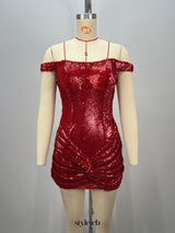 juliet sequin ruched beaded Strapless bodycon mini dress in red