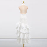 hazel white Deep V-neck halterneck layer ruffle trim maxi dress