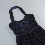 bonnie halter pleated cutout maxi dress in navy blue