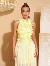 aurora 3D flower Splicing bandage mesh maxi dress in yellow