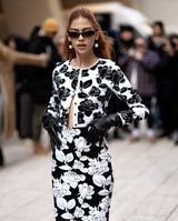 knit floral jacquard midi pencil cardigan skirt set