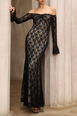 anna One-shoulder lace long sleeves maxi dress in black