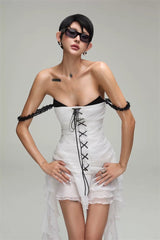 stacey ruffled hem tie mini dress in white