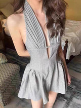 V-neck open back polka puffy mini dress in gray