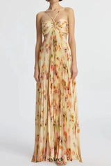 candice pleated floral maxi dress in yellow