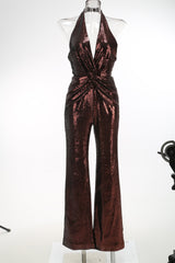 nora brown Sequin halterneck deep V high waist flared jumpsuit