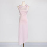 3d flower asymmetric satin slit gown in pink