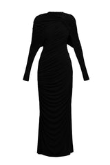 bonnie long sleeve pleated knot bodycon maxi dress in black