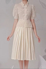 double breasted lantern sleeve lace top pleated skirt set in apricot