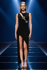 Crystal Rose Detailed High-Slit Black Dress