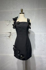 3D Flower Diamond embellished mini dress in black
