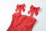 hermosa Bow Strap Embroidered Lace Maxi Dress in red