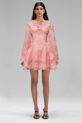 Flower embroidery hollow mini dress in white