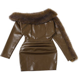 sibyl Leather fur collar asymmetrical mini dress in brown
