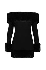 rita Black long-sleeve off-shoulder mini dress with fuzzy details