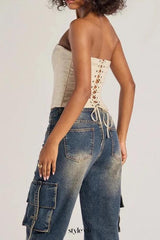 Brocade Satin Strapless Corset Top in white