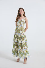 celeste floral hollow stitching maxi dress in green