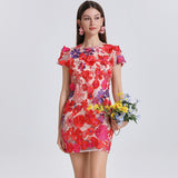 denise floral slim puff sleeves mini dress in red