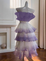 purple gradient pleated ruffle trim layered mini dress
