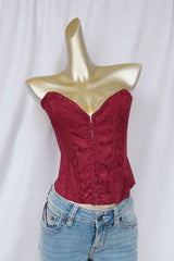brocade satin strapless corset top in burgundy