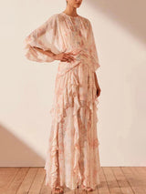 puff long sleeve tiered ruffle hem maxi dress in pink