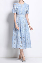 dana hollow embroidery lace midi dress in blue