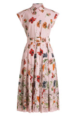 belted pleated floral-print cotton-poplin midi shirt dress - pink