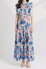 chloe hollow out flower embroidery maxi dress in blue