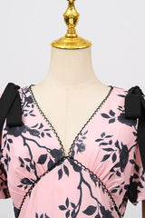 v-neck Satin Floral Midi Dress in pink