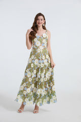 celeste floral hollow stitching maxi dress in green