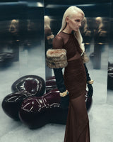 long sleeve mesh insert draped maxi dress