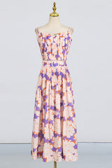 Pleated floral-print linen bustier top skirt set in blue