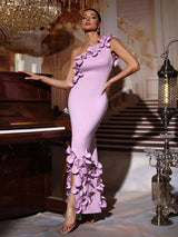 alma 3d flower one-shoulder bodycon maxi dress in purple