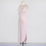 3d flower asymmetric satin slit gown in pink