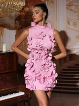 cynthia 3D Flower Sleeveless Bow Mini Dress in pink