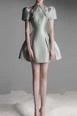 puff sleeve cut out a-line mini dress in green