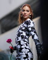 knit floral jacquard midi pencil cardigan skirt set