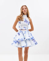 jessica printed backless halter top skirt set in blue