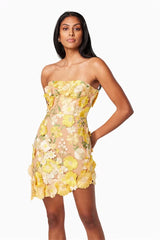 Strapless floral Mini Dress in yellow
