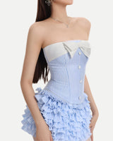 Striped bustier top skirt set in blue