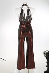 nora brown Sequin halterneck deep V high waist flared jumpsuit