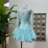 blue Embroidered Flared Mini Dress